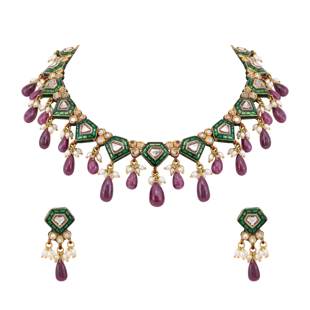 Green Talaf Polki Neacklace Set with Ruby Colour Drops